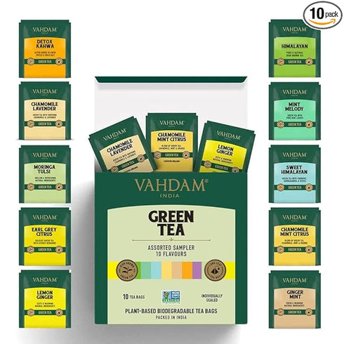 Vahdam Tea Assorted Green Tea Bags Sampler | 10 Variants